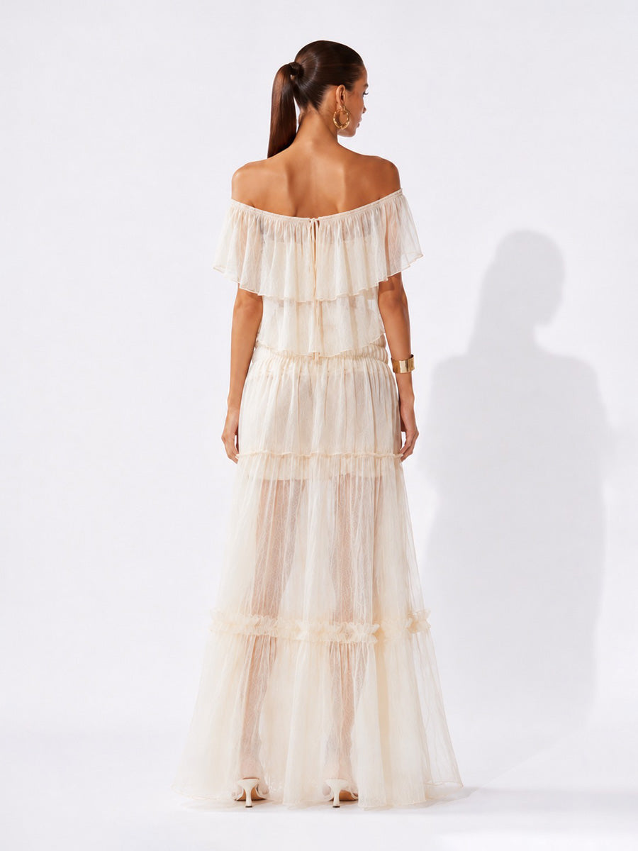 Raquel Elegant Off-Shoulder Top and Mesh Maxi Skirt Set