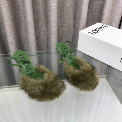 Loewe 25SS Fur-lined Mule 100 Green in Fox Fur 597443