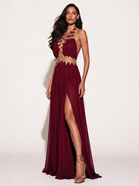 Anaya Cut-out Pleated Mesh Maxi Dress with Slit