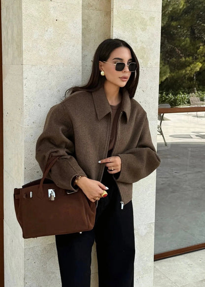 Woolen Lapel Jacket With Front Zipper Closure