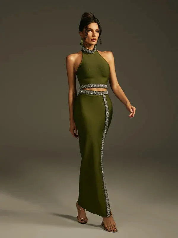 Landri Halterneck Crystal Bandage Skirt Set