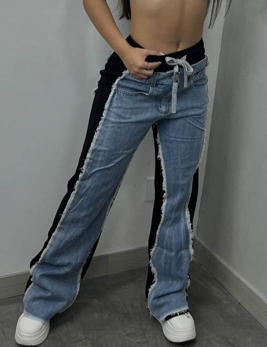 Fashion Splicing Drawstring Straight Leg Jeans