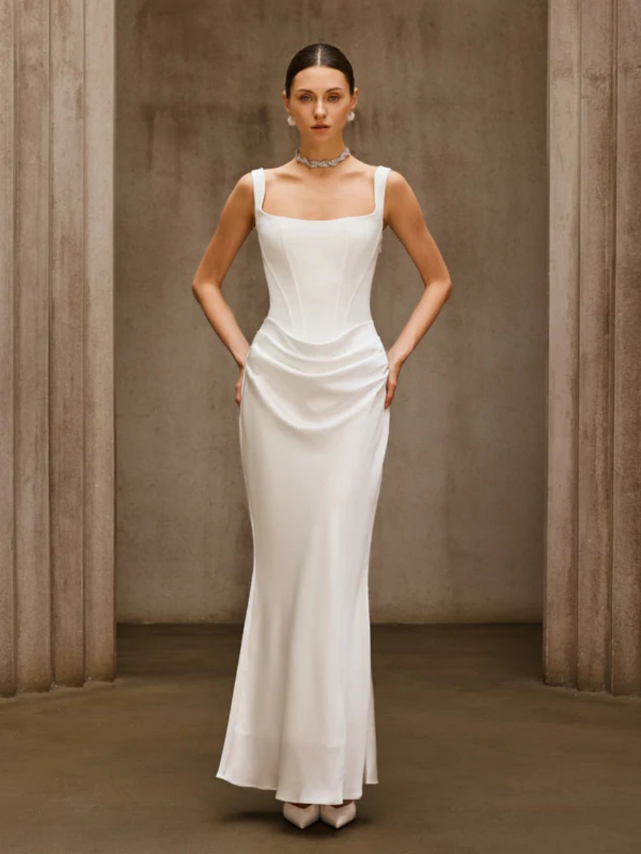 Brianna Corset-Style Satin Draped Maxi Dress in White