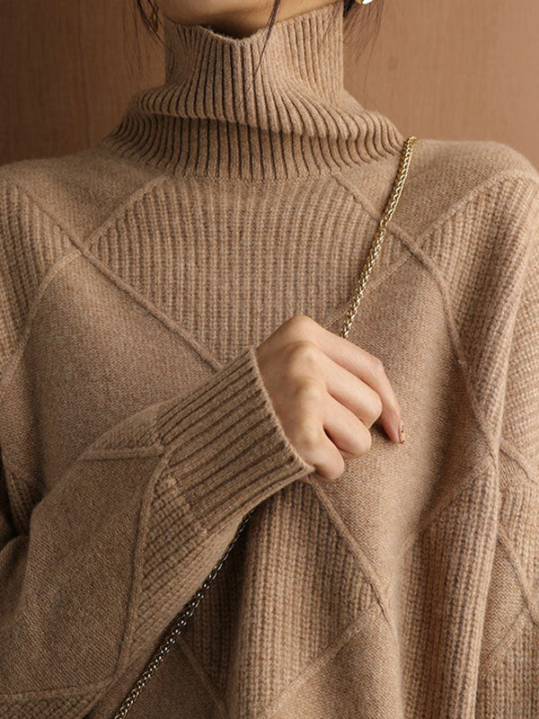 Loose Jacquard Solid Color High-Neck Sweater Tops