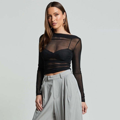 Mesh Ruffle Long Sleeve Tee