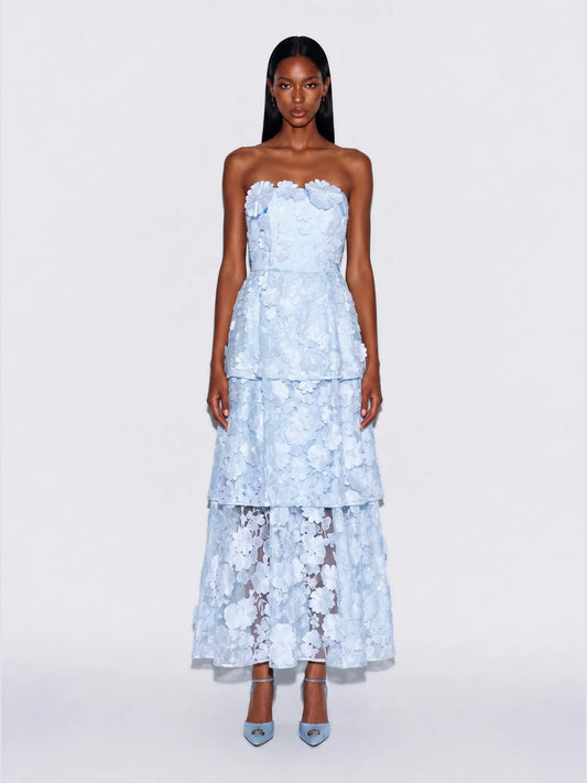 Celestine Ruffled Maxi Dress with 3D Floral Embroidery