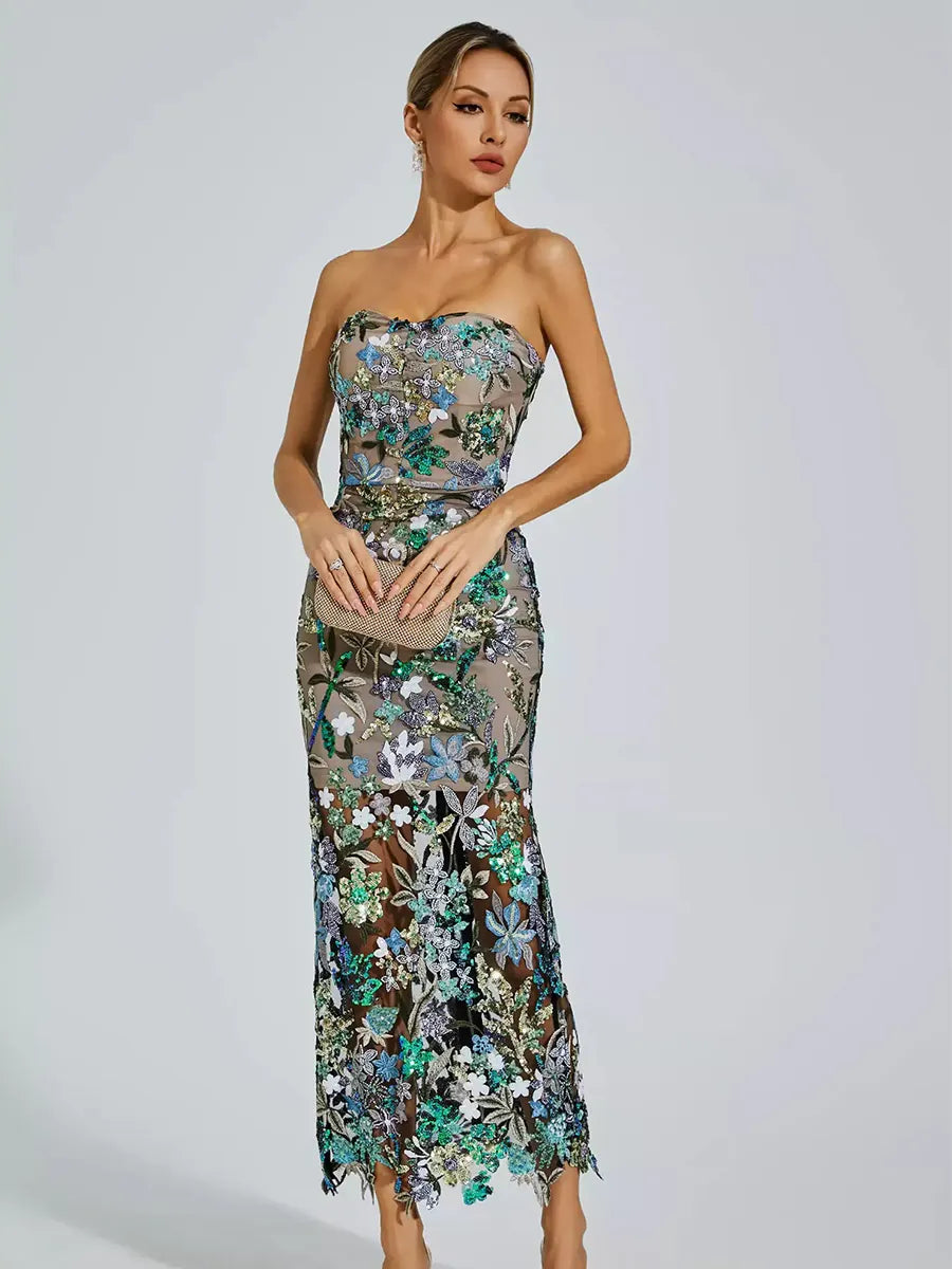 Mila Blue Flower Embroidered Midi Dress