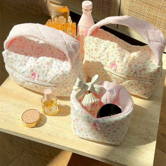 Soft Plush Cute Bow Print Cosmetic Bag