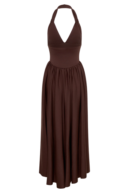 Angelina Scuba Halter Midi Dress - Chocolate