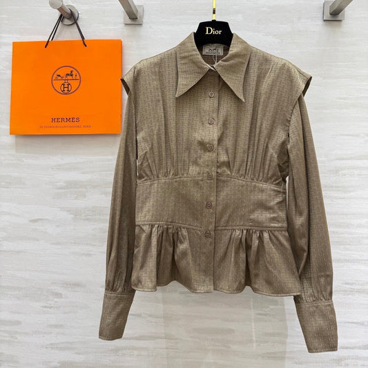 HM Jacquard Shirt with Slim Fit Taupe Silk Cotton 346526