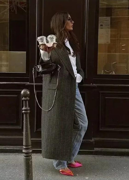 Long Woolen Coat Pinstripe Tailored Fit Gray