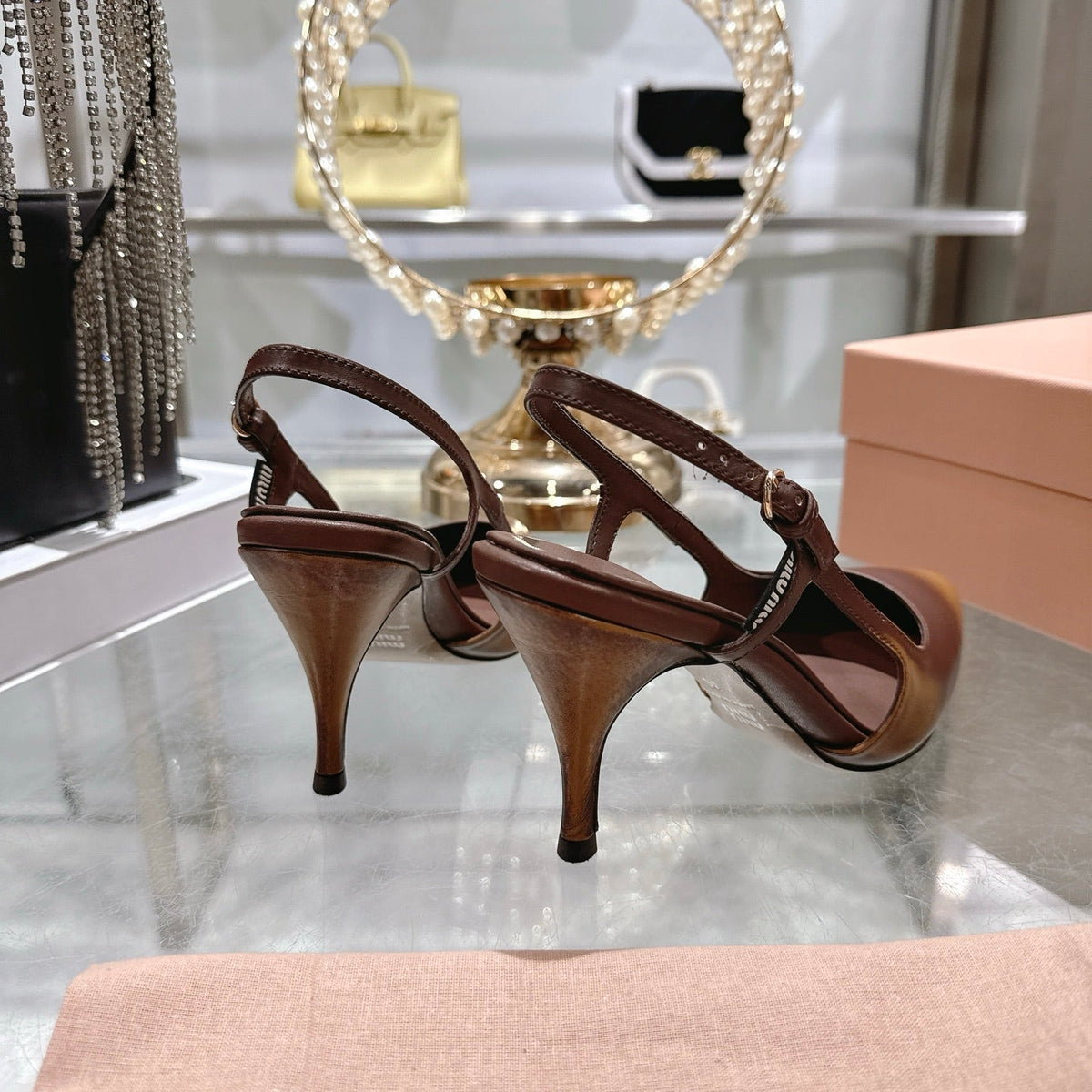 Miu 26 High Heel Slingback 75 Camel Brown Cowhide 592083