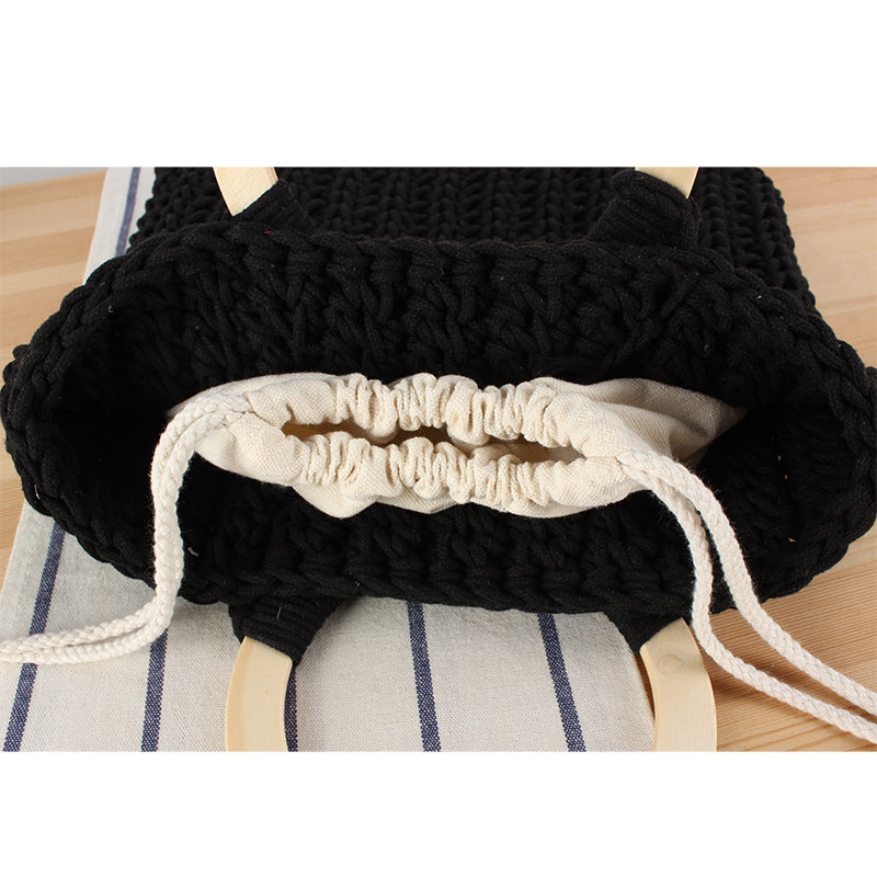 Crochet Market Bag Wooden Handle Handbag