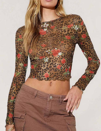 Leopard Print Round Neck Long Sleeve Blouse