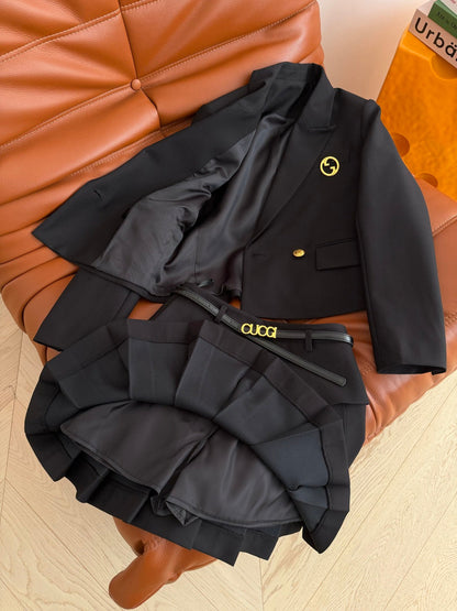 GG SS26Cropped Blazer Pleated Mini Skirt Set Black Cotton 347123
