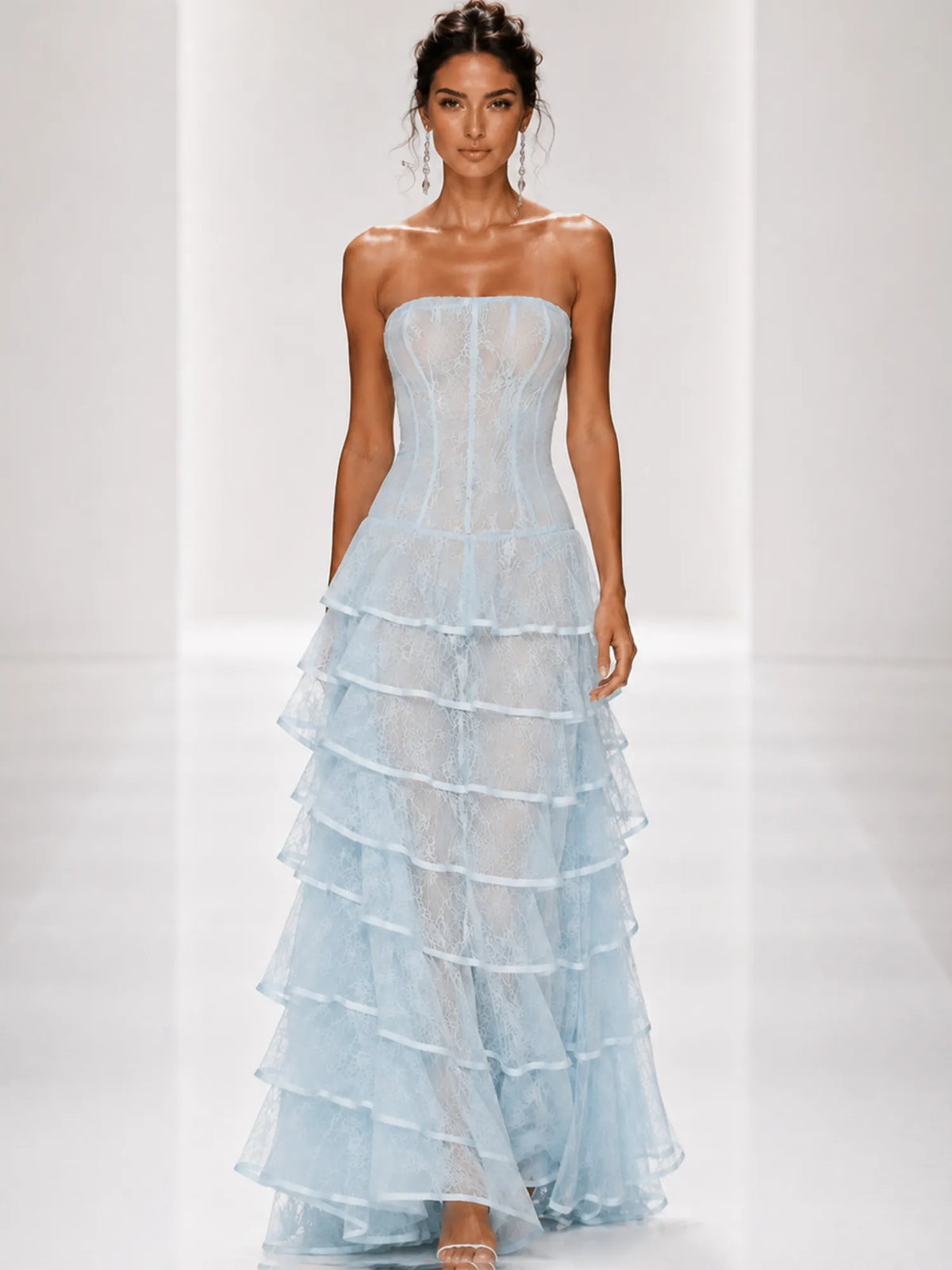 Josephine Sheer Mesh Multi-Layer Strapless Maxi Dress