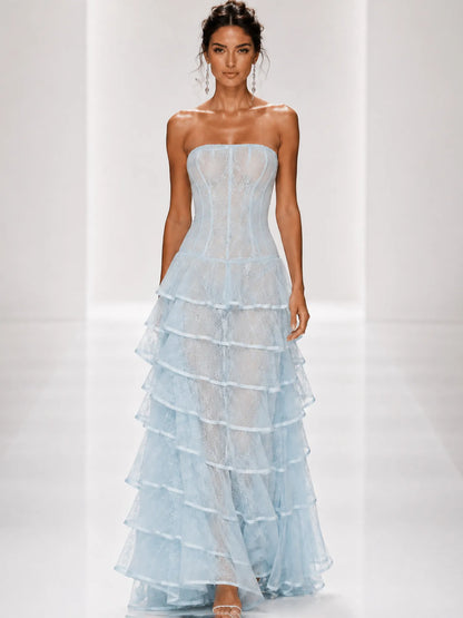 Josephine Sheer Mesh Multi-Layer Strapless Maxi Dress