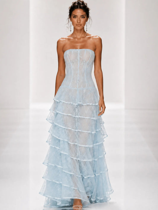Josephine Sheer Mesh Multi-Layer Strapless Maxi Dress