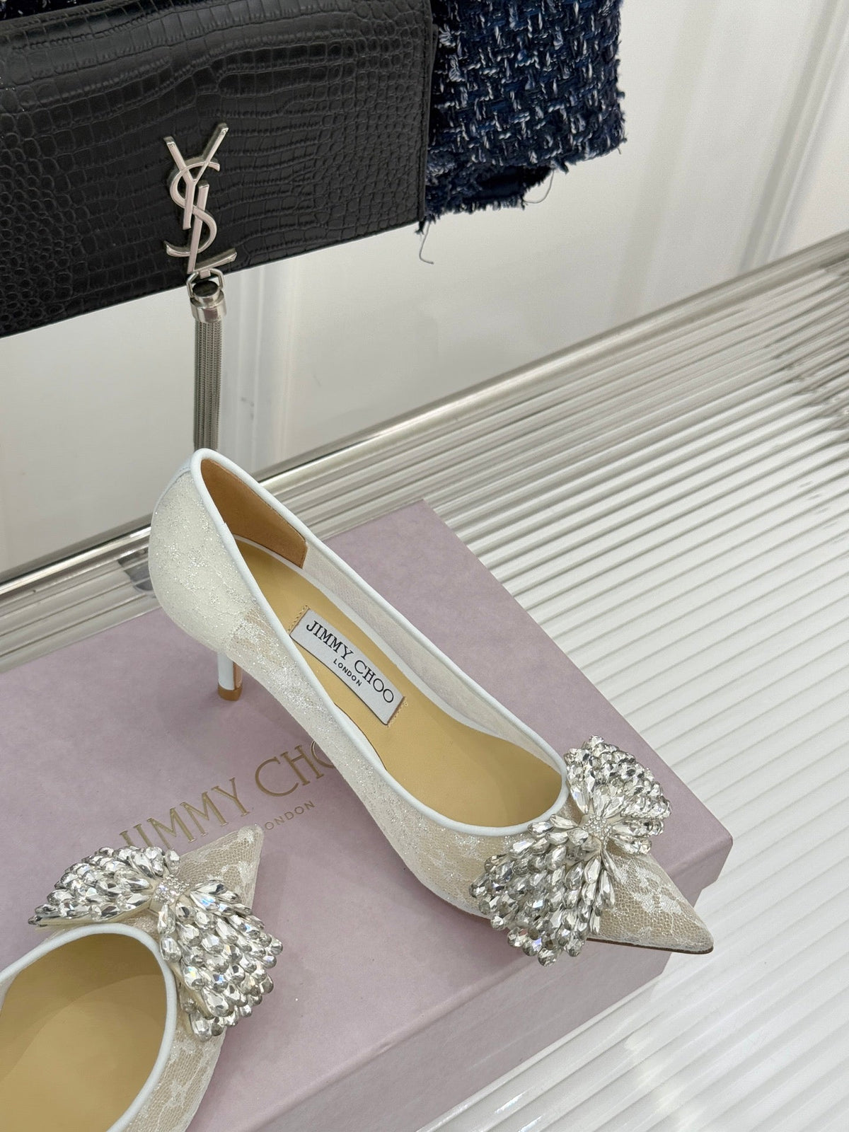 JC25WF Rhinestone Bow Pionted Toe High Heels 65 White Sheepskin 573537