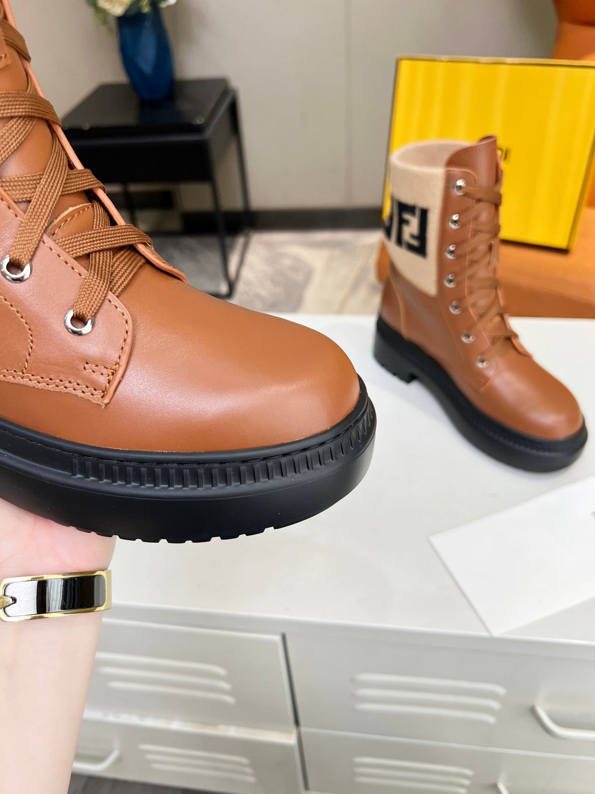 FENDI MARTIN BOOTS IN BRONZE BROWN CALFSKIN AND FUR