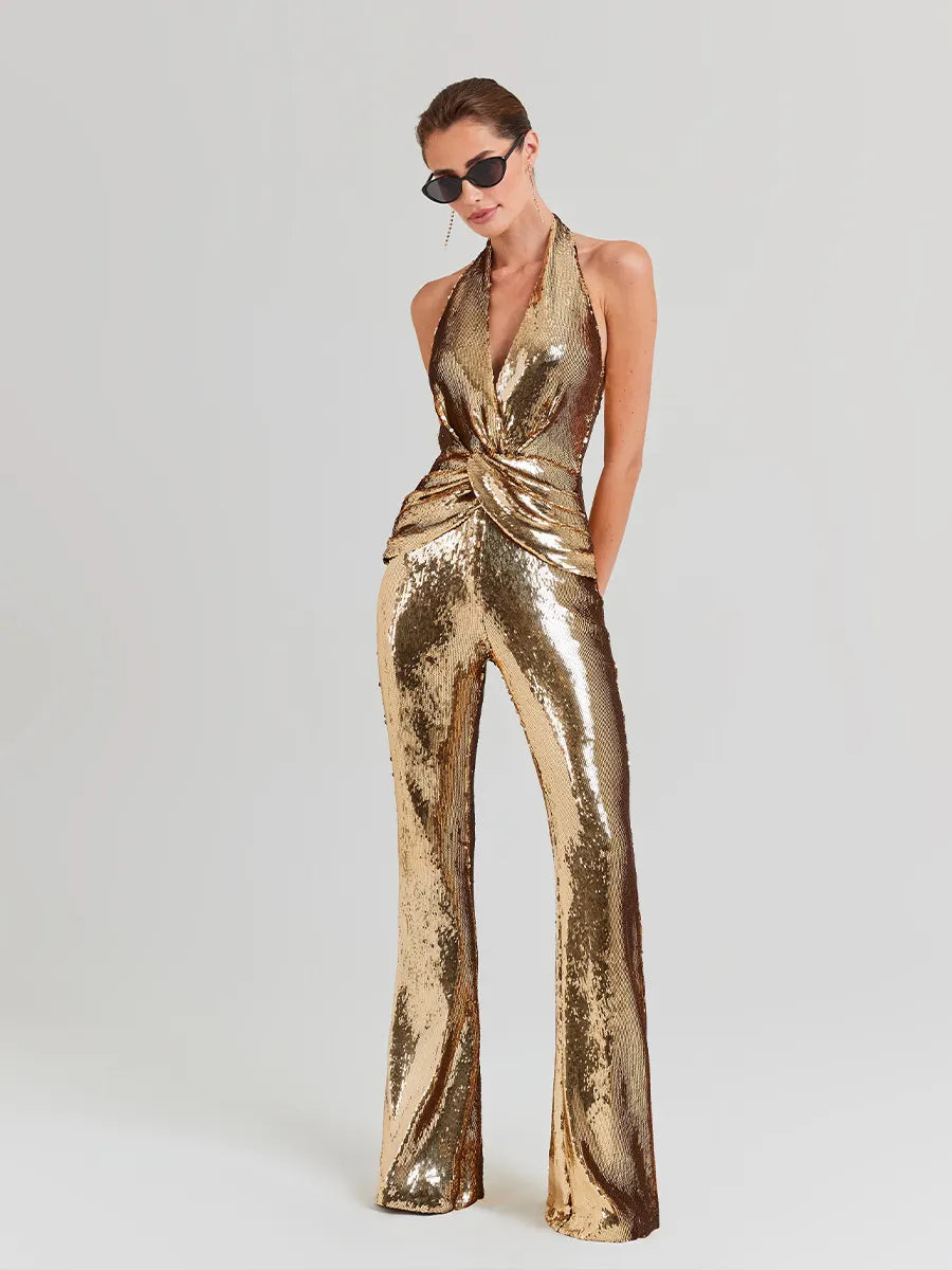 Enoch Backless Twisted Sequin Jumpsuit