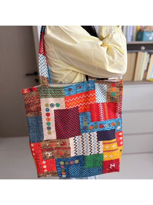 Cosbai - Canvas Tote Bag with Abstract Patchwork Design