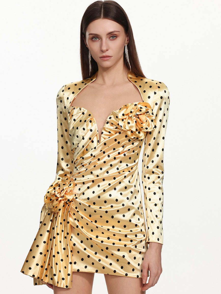 Avalynn Long Sleeve Pleated Polka Dot Floral Mini Dress