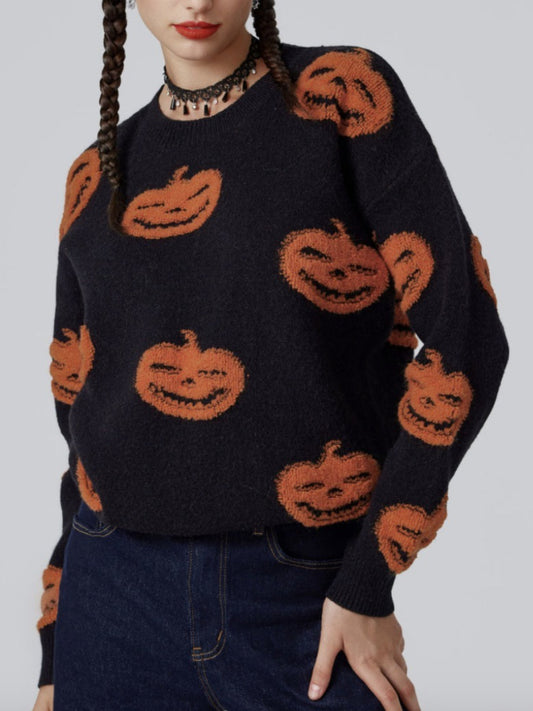 Crosa - Colorblock Pumpkin Jacquard Knit Halloween Sweater