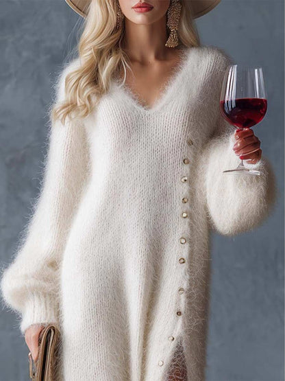 Natalia Imitation Rabbit Fur Knitted Side Slit Midi Dress