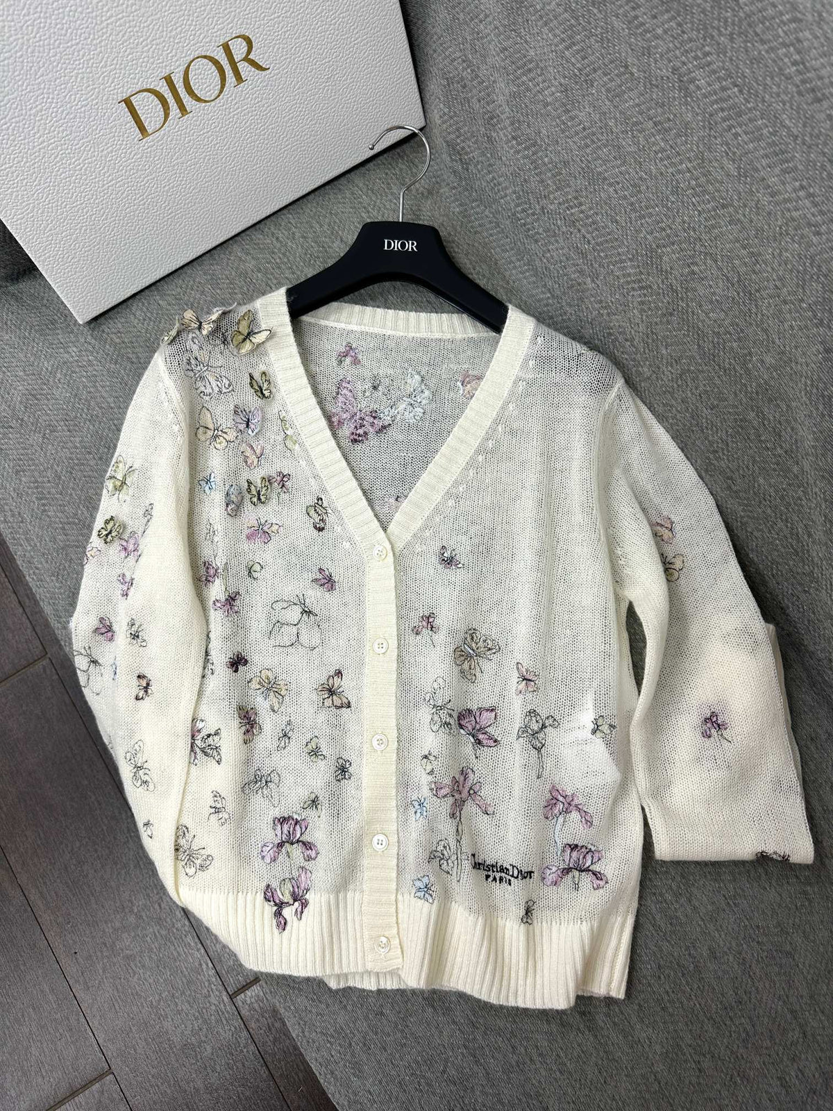 CD Butterfly Embroidered Cardigan White Alpaca Wool Cashmere 345330