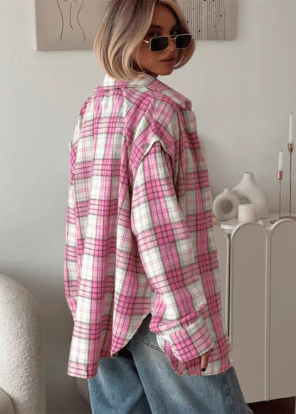Oversized Pink Plaid Shirt Cotton Blend Soft Fabric