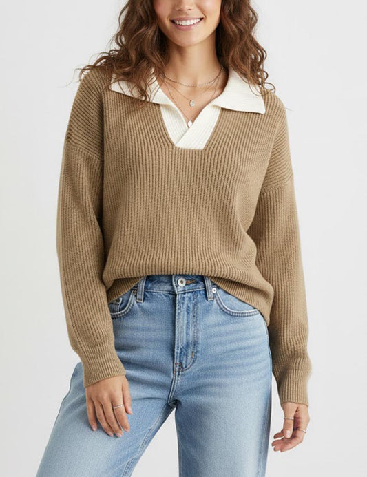 Knit Polo Collar Color Block Pullover Sweater