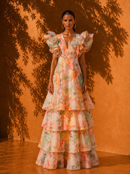 Sophia Printed Ruffled-Sleeve Tiered Maxi Dress