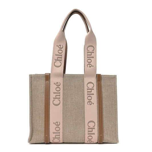 Linen Calfskin Medium Woody Ribbon Tote Blushy Beige