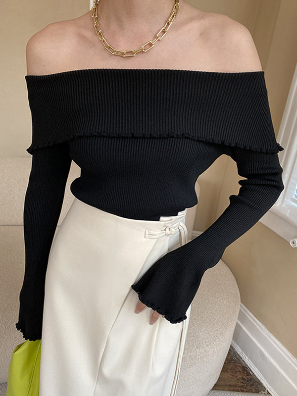 Long Sleeves Skinny Falbala Solid Color Off-The-Shoulder Sweater Tops
