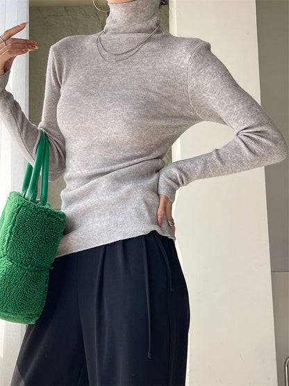 Casual Long Sleeves Skinny Solid Color High-Neck Sweater Tops