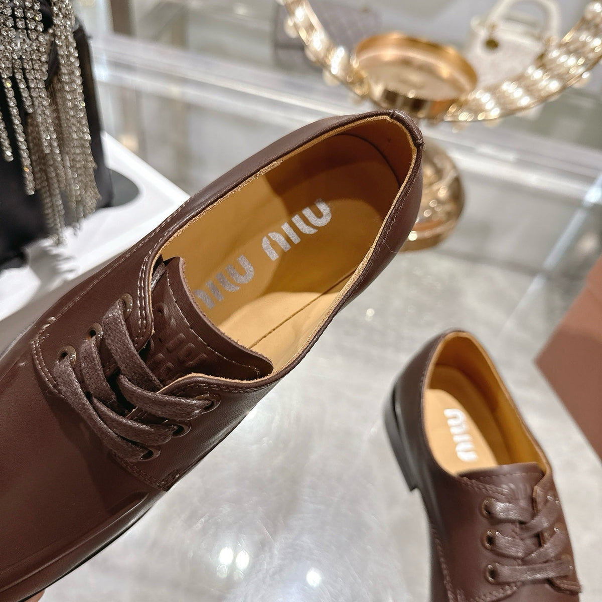 Miu Distressed Loafers Brown Cowhide 592058