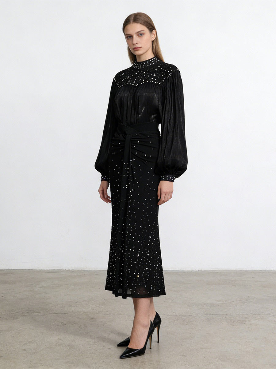 Isadora Mesh Lantern Sleeve Rhinestone Two Piece Set