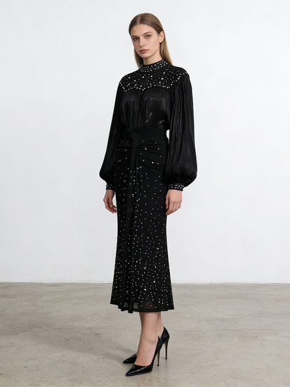 Isadora Mesh Lantern Sleeve Rhinestone Two Piece Set