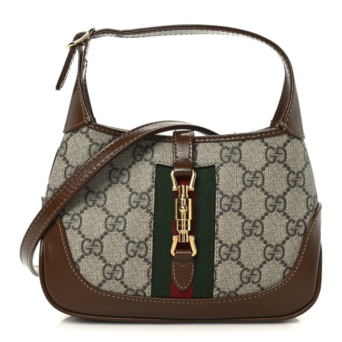 GG Supreme Monogram Azalea Calfskin Web Mini Jackie 1961 Hobo Beige Ebony Brown Sugar