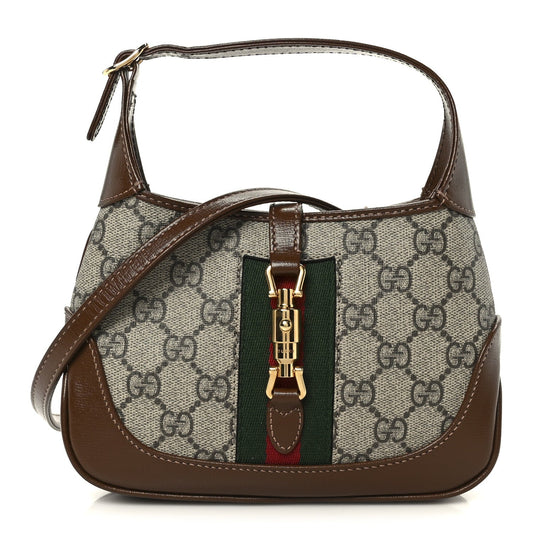 GG Supreme Monogram Azalea Calfskin Web Mini Jackie 1961 Hobo Beige Ebony Brown Sugar