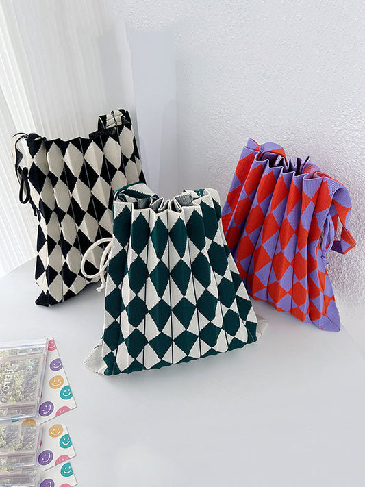 Contrast Color Drawstring Pleated Rhombus Woven Handbags