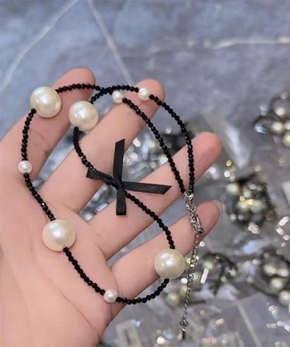 Original Black Stainless Steel Pearl Beading Bow Necklace