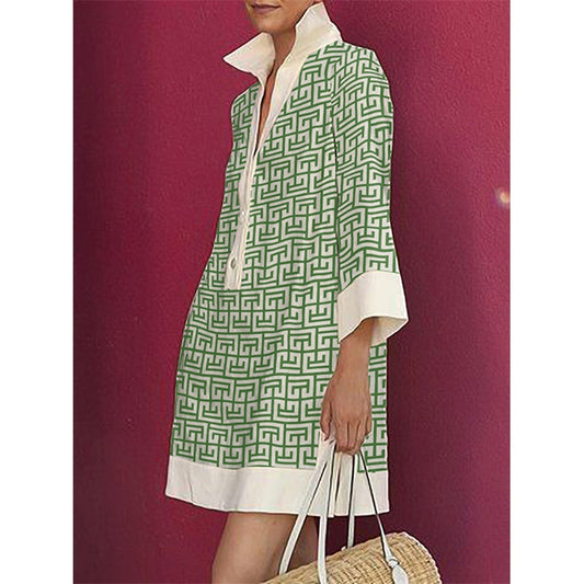 Long Sleeves Three-Quarter Sleeves Buttoned Printed Lapel Mini Dresses Shirt Dress