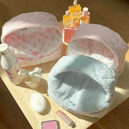 Soft Plush Cute Bow Print Cosmetic Bag