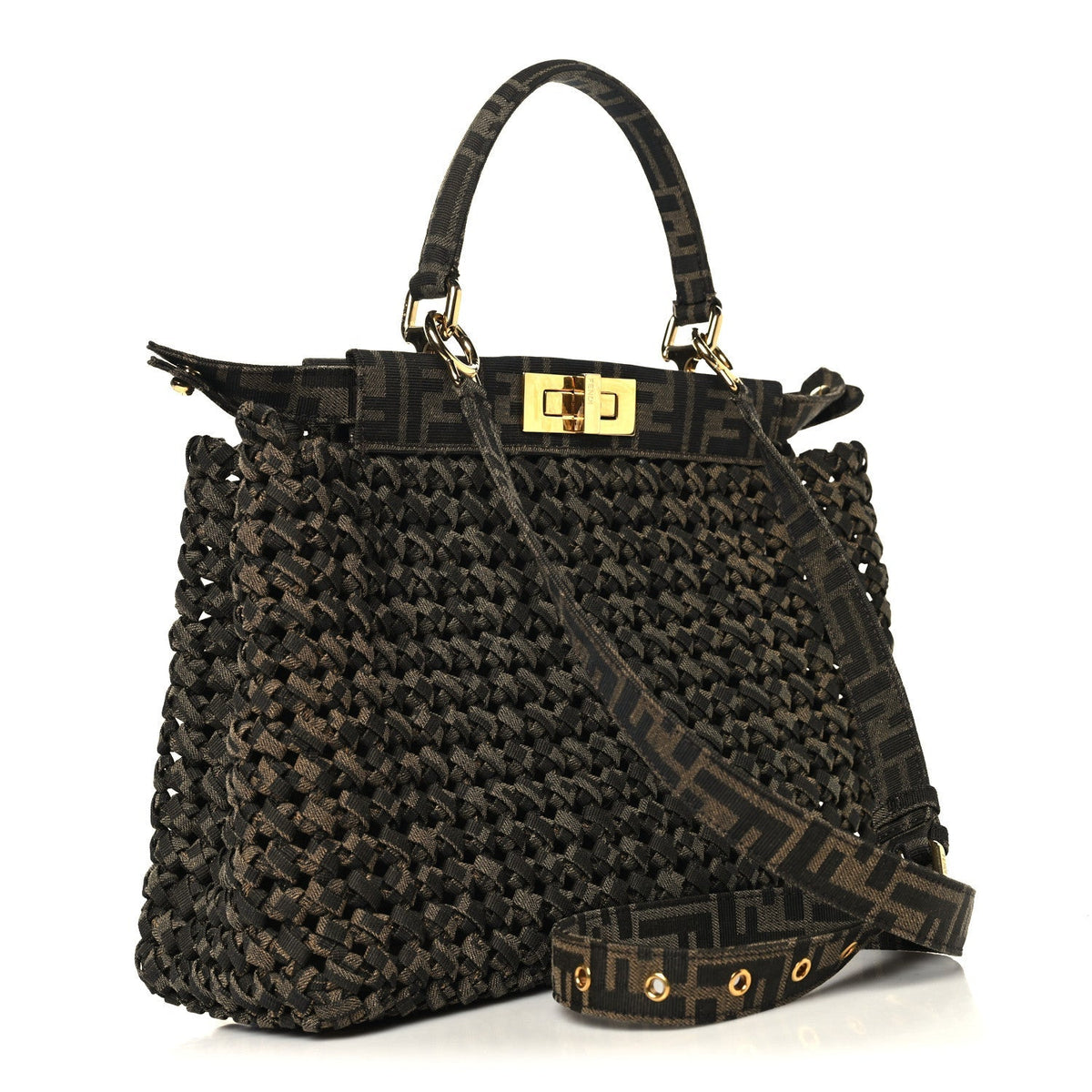Fabric Jacquard FF 1974 Woven Knotted Medium Peekaboo Iconic Satchel Tobacco Moro