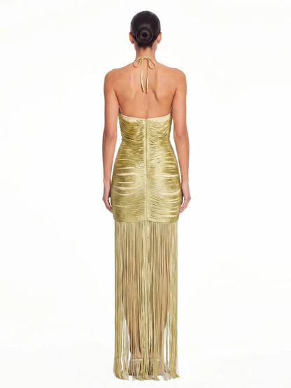 Alba Plunge Neck Fringe Maxi Dress