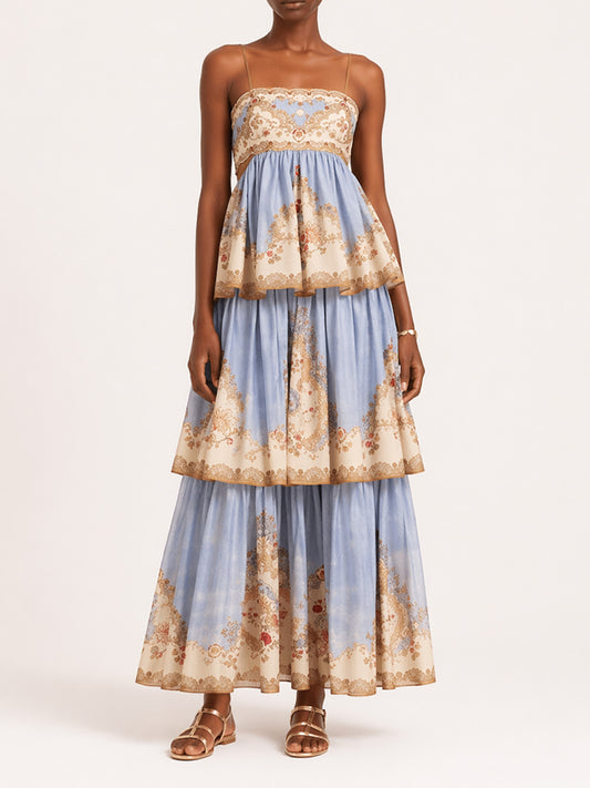 Sienna Layered Printed Spaghetti Strap Maxi Dress