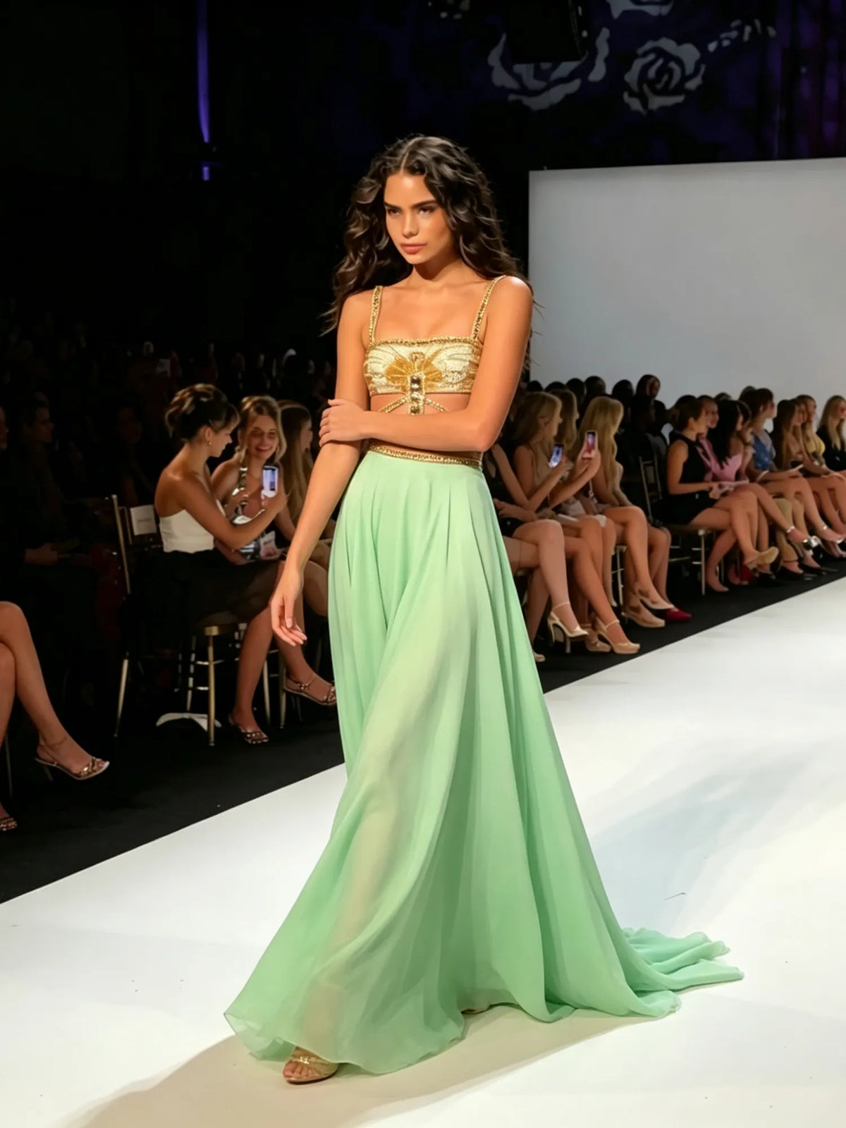 Kaisa Gold Beaded Chiffon Two Piece In Mint Green