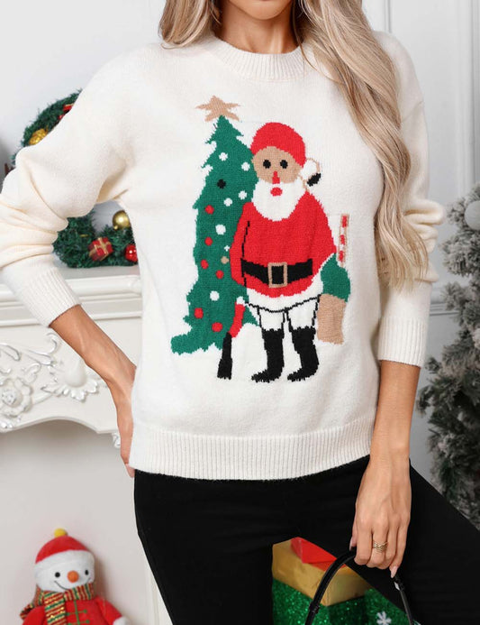 Casual Round Neck Christmas Jacquard Knit Sweater